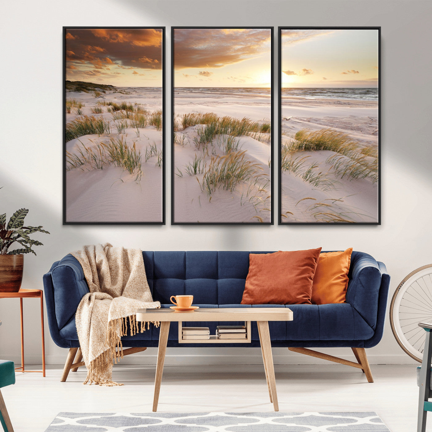 61246-MGV-FC-48X32-3P_Black-Coastal Sand Dunes Wall Art – Serene Beach Sunset Canvas Print with Grasses and Ocean View, Tranquil Seaside Decor for Living Room