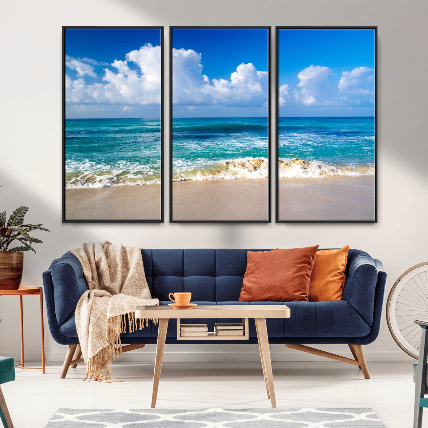 60364-MGV-FC-48X32-3P_Black-Tropical Ocean Wave Wall Art – Serene Blue Sea and White Sand Beach Canvas Print, Coastal Landscape Decor for Living Room, Bedroom