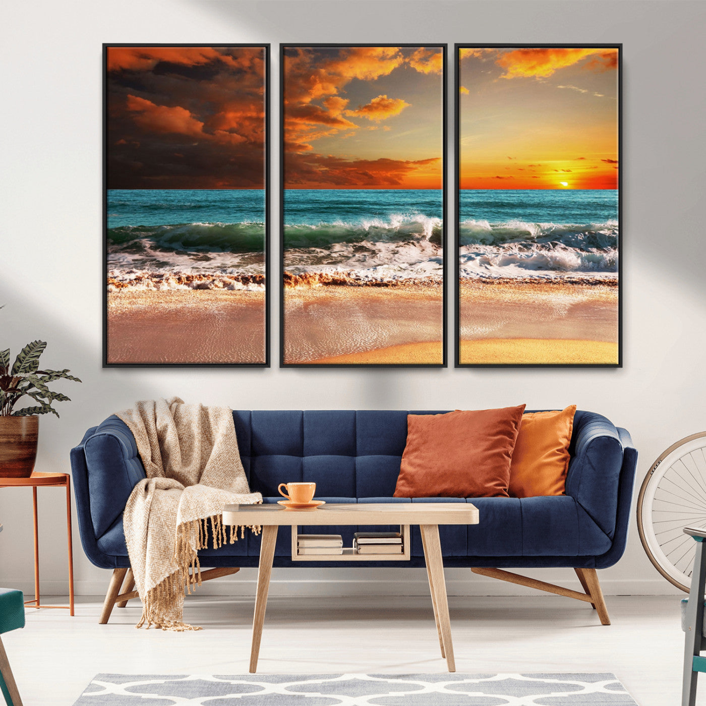 72948-MGV-FC-48X32-3P_Black-Ocean Sunset Wave Wall Art – Dramatic Seascape Canvas Print with Golden Sky and Crashing Waves, Coastal Beach Decor for Living