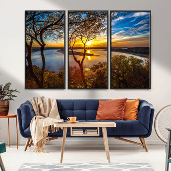 71863-MGV-FC-48X32-3P_Black-Lake Sunset Wall Art – Scenic Nature Canvas Print with Trees and Golden Sky, Serene Landscape Decor for Living Room, Bedroom or