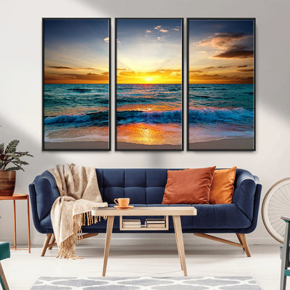 50627-MGV-FC-48X32-3P_Black-Ocean Sunset Wall Art – Serene Beach Canvas Print with Waves and Golden Sky, Coastal Decor for Living Room or Office