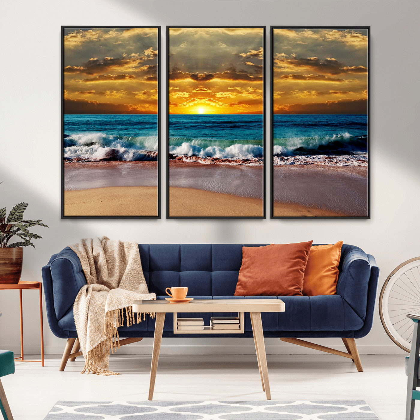83389-MGV-FC-48X32-3P_Black-Ocean Sunrise Wall Art – Vibrant Beach Waves Canvas Print, Coastal Seascape Decor for Living Room or Office