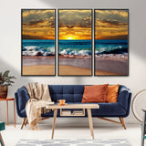 83389-MGV-FC-48X32-3P_Black-Ocean Sunrise Wall Art – Vibrant Beach Waves Canvas Print, Coastal Seascape Decor for Living Room or Office
