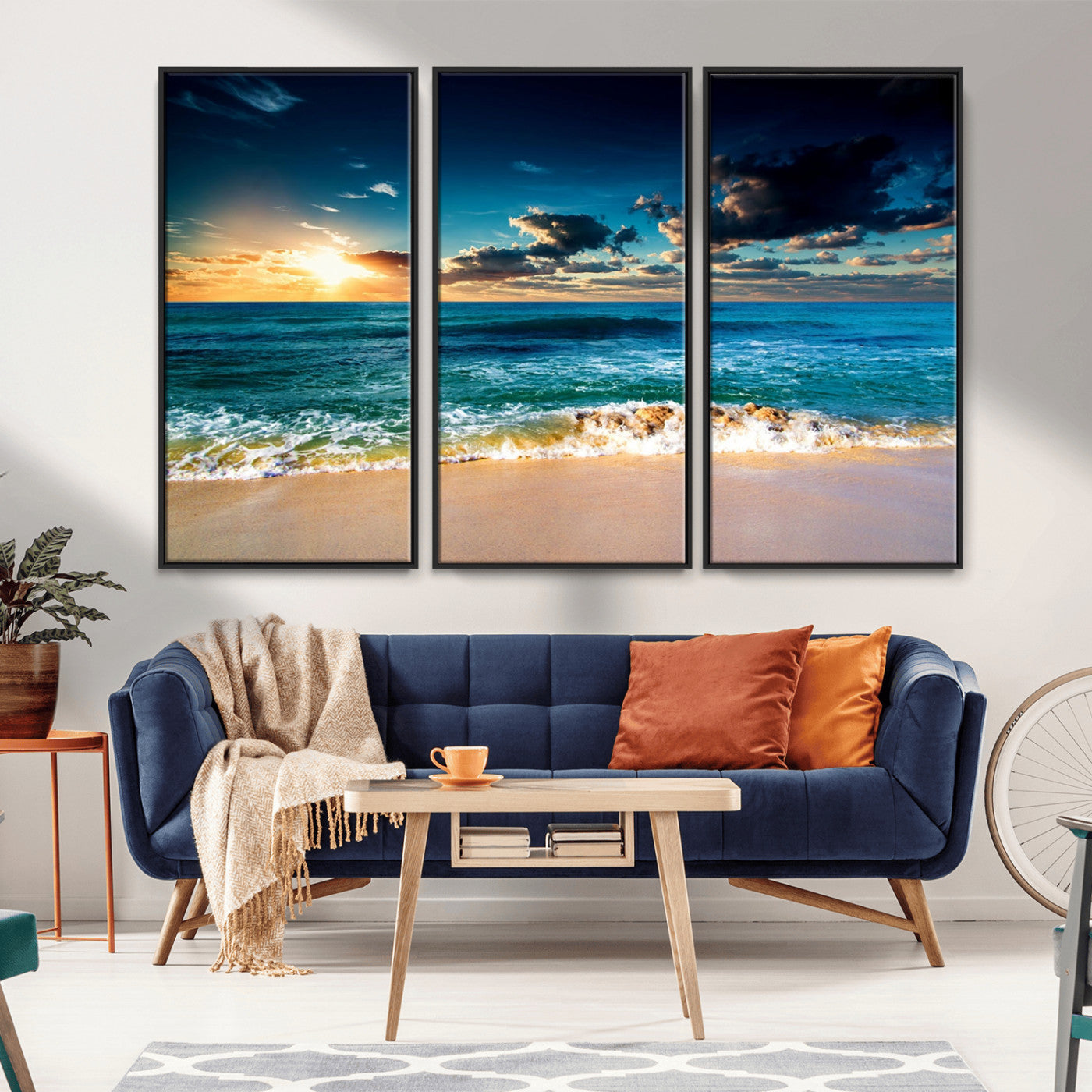 88985-MGV-FC-48X32-3P_Black-Ocean Sunset Wall Art – Tranquil Beach Waves Canvas Print, Coastal Seascape Decor for Living Room or Office