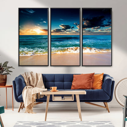 88985-MGV-FC-48X32-3P_Black-Ocean Sunset Wall Art – Tranquil Beach Waves Canvas Print, Coastal Seascape Decor for Living Room or Office