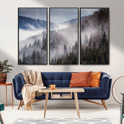 18459-MGV-FC-48X32-3P_Black-Misty Pine Forest Wall Art – Serene Mountain Landscape Canvas Print, Tranquil Nature Artwork for Living Room, Bedroom, Cabin or
