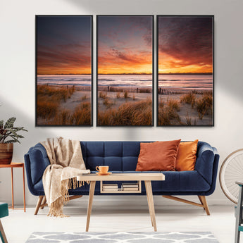 90176-MGV-FC-48X32-3P_Black-Beach Sunset Wall Art – Coastal Sand Dune Canvas Print with Ocean Waves and Dramatic Sky, Seaside Landscape Decor for Living Room