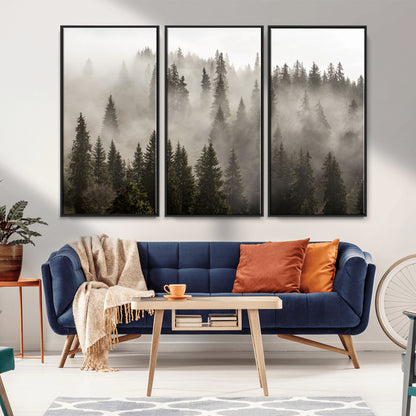 62862-MGV-FC-48X32-3P_Black-Misty Forest Wall Art – Tranquil Pine Tree Canvas Print with Mountain Fog, Nature Landscape Artwork for Living Room, Bedroom, or