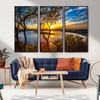 66839-MGV-FC-48X32-3P_Black-Lake Sunset Wall Art – Golden Hour Canvas Print with Trees and Water Reflection, Scenic Landscape Photography for Living Room,