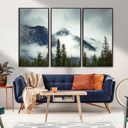 93219-MGV-FC-48X32-3P_Black-Misty Mountain Wall Art – Foggy Pines and Rocky Peaks Canvas Print, Nature Landscape Decor for Living Room, Office or Bedroom