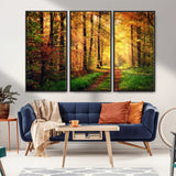 73494-MGV-FC-48X32-3P_Black-Golden Autumn Forest Path Wall Art – Sunlit Woodland Canvas Print, Fall Nature Landscape Home Decoration