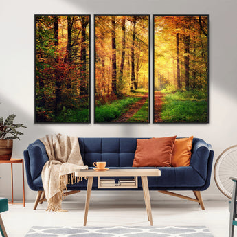 73494-MGV-FC-48X32-3P_Black-Golden Autumn Forest Path Wall Art – Sunlit Woodland Canvas Print, Fall Nature Landscape Home Decoration