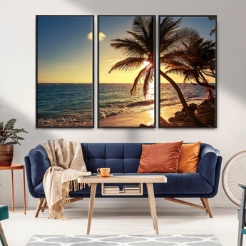 82710-MGV-FC-48X32-3P_Black-Palm Tree Sunset Beach Wall Art – Tropical Ocean Canvas Print, Coastal Paradise Seascape Decor for Living Room or Office Wall