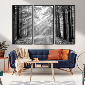 39665-MGV-FC-48X32-3P_Black-Black and White Forest Path Wall Art – Sunlight Rays in Trees Canvas Print, Nature Landscape Decor for Living Room