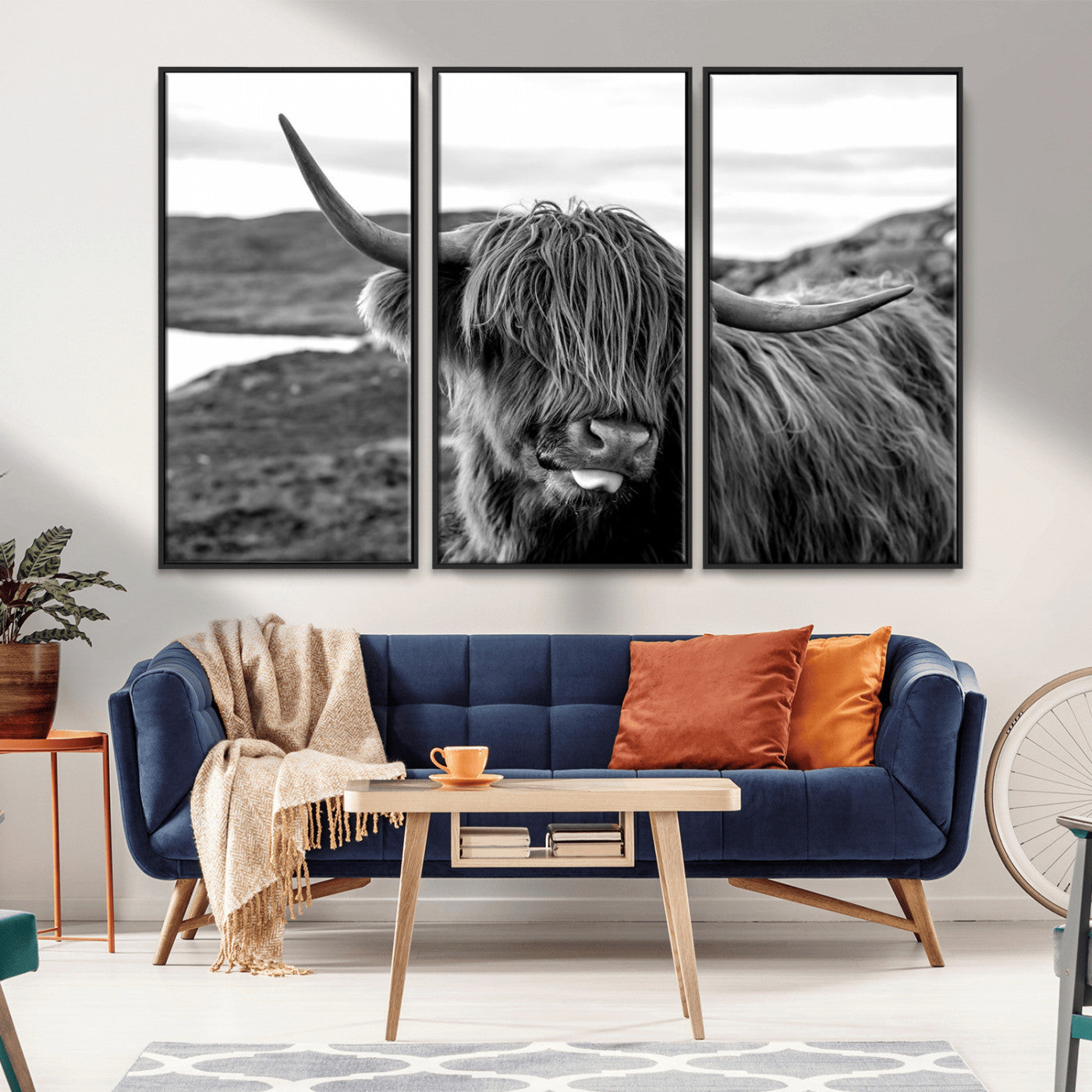 83810-MGV-FC-48X32-3P_Black-Highland Cow Wall Art – Black and White Highland Cattle Print, Rustic Farmhouse Animal Decor for Living Room