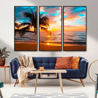 34674-MGV-FC-48X32-3P_Black-Tropical Sunset Beach Wall Art – Palm Tree Ocean Canvas Print, Coastal Seascape Decor for Living Room or Office Wall