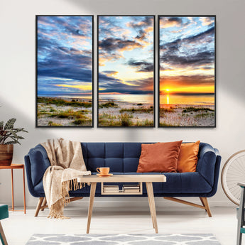 39645-MGV-FC-48X32-3P_Black-Golden Beach Sunset Wall Art – Serene Ocean Horizon Canvas Print, Coastal Nature Landscape Decor for Living Room, Bedroom or