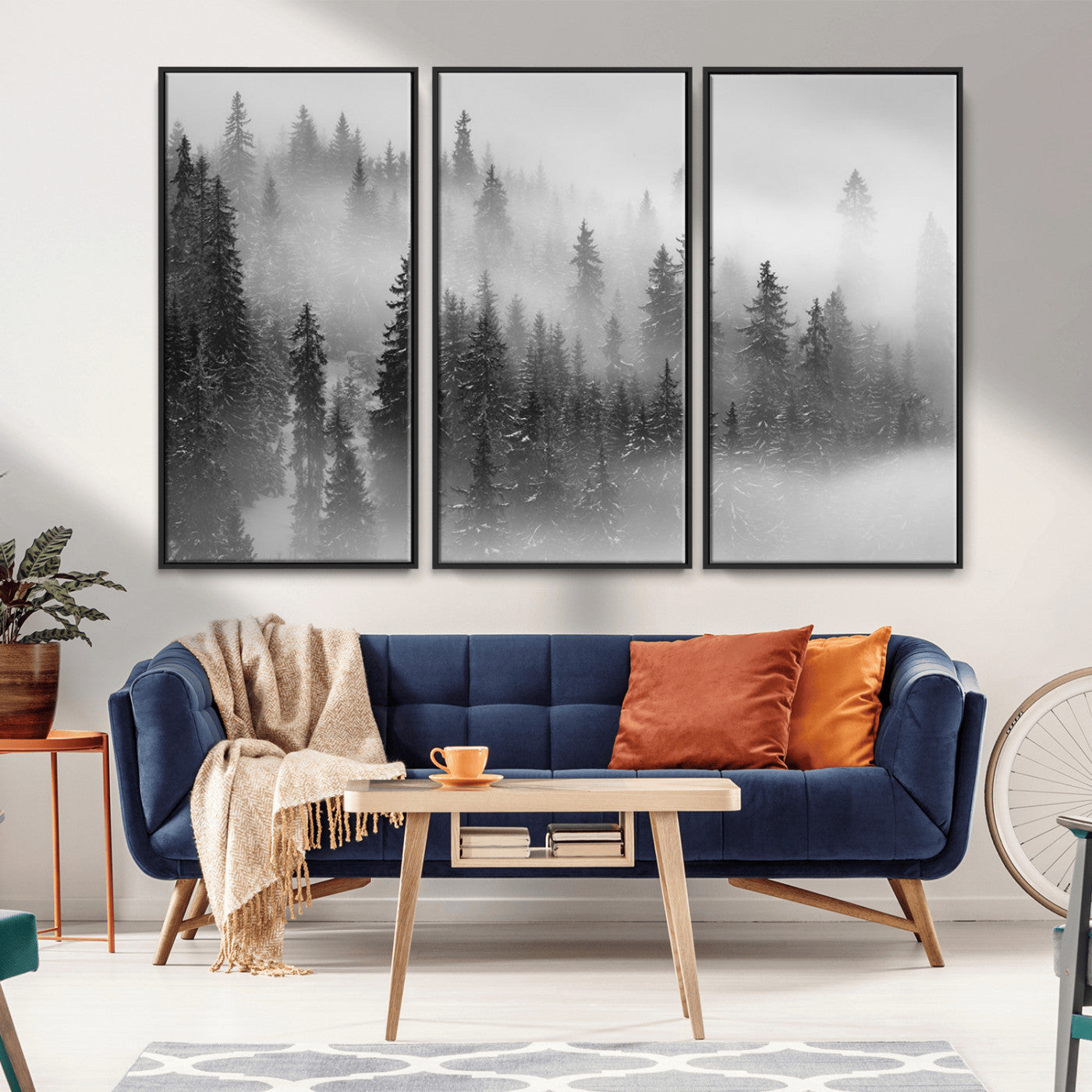 57235-MGV-FC-48X32-3P_Black-Misty Pine Forest Wall Art – Black and White Mountain Landscape Canvas Print, Nature Woodland Decor for Living Room, Bedroom or