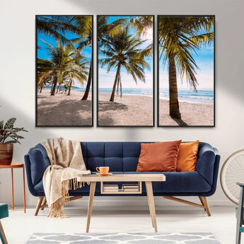 98175-MGV-FC-48X32-3P_Black-Tropical Palm Beach Wall Art – Relaxing Ocean Shore Canvas Print with Palm Trees, Coastal Summer Decor for Living Room, Bedroom or
