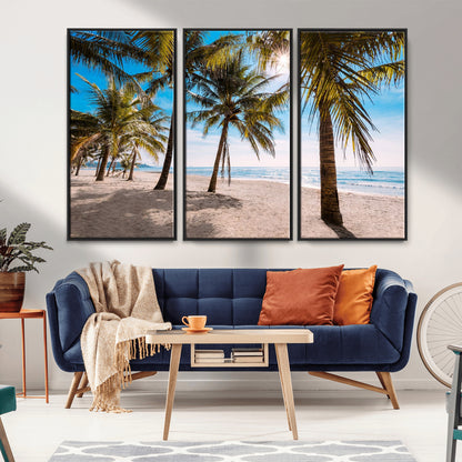 98175-MGV-FC-48X32-3P_Black-Tropical Palm Beach Wall Art – Relaxing Ocean Shore Canvas Print with Palm Trees, Coastal Summer Decor for Living Room, Bedroom or