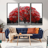80021-MGV-CV-36X24-Red Tree Wall Art – Striking Black and White Landscape Canvas Print with Vibrant Red Leaves, Modern Nature Decor for Living Room