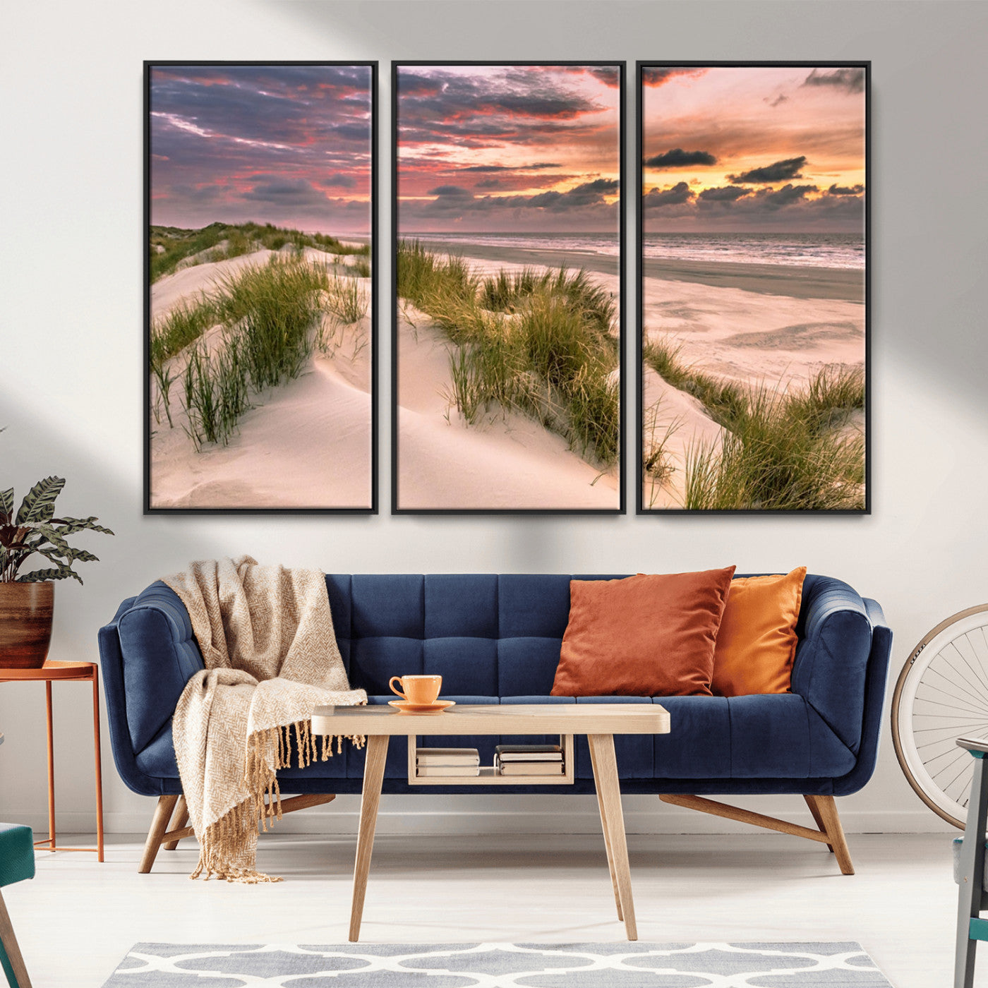 60570-MGV-FC-48X32-3P_Black-Beach Sunset Wall Art – Coastal Sand Dunes and Ocean Horizon Canvas Print, Tranquil Seascape Photography Decor for Living Room or