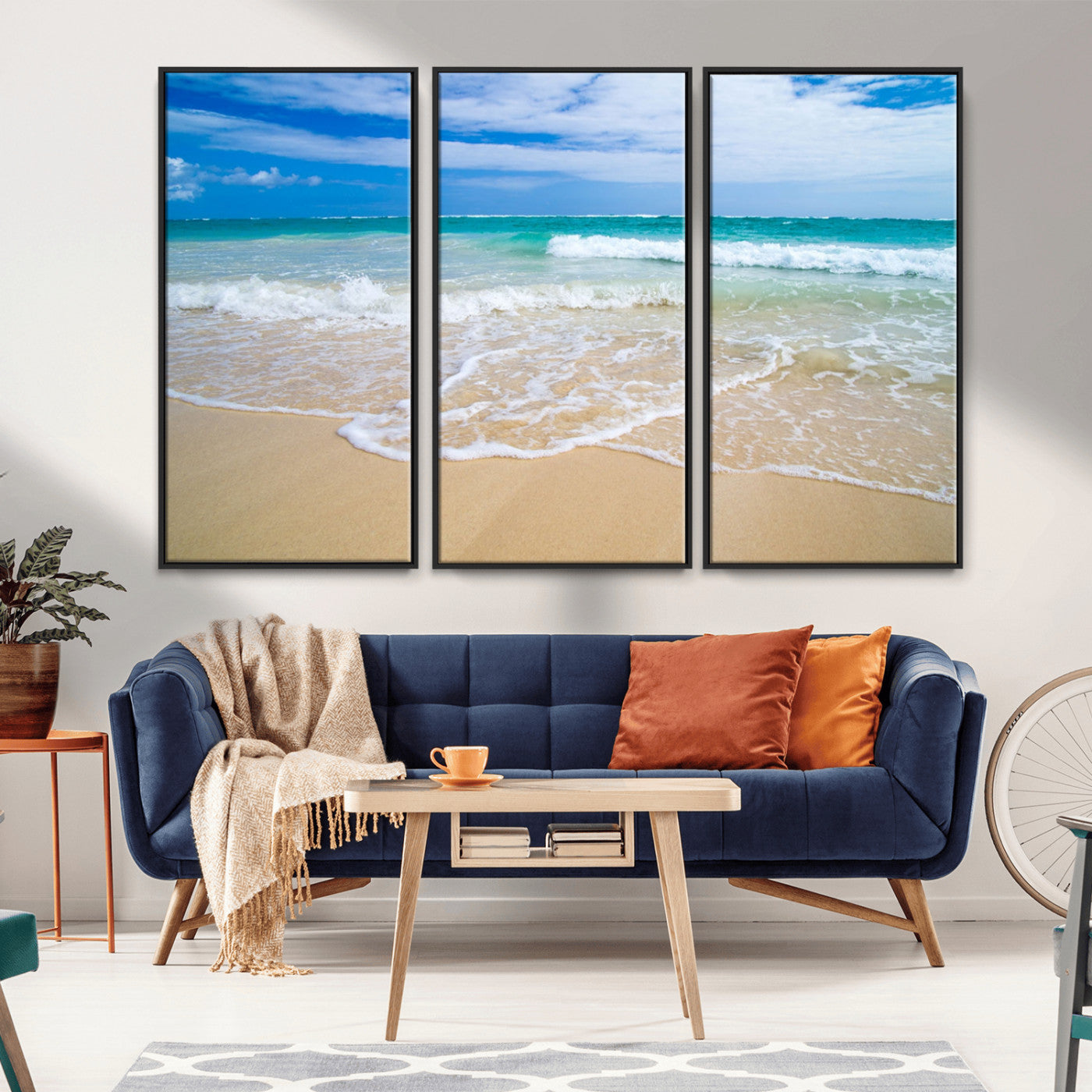 20660-MGV-FC-48X32-3P_Black-Ocean Wave Beach Wall Art – Serene Blue Sea and Sandy Shore Canvas Print, Coastal Landscape Photography Decor for Living Room or