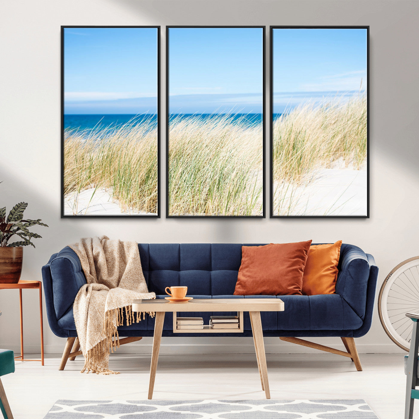 96913-MGV-FC-48X32-3P_Black-Coastal Dunes Wall Art – Serene Beach Grass and Blue Ocean Canvas Print, Relaxing Seaside Nature Decor for Living Room, Bedroom or