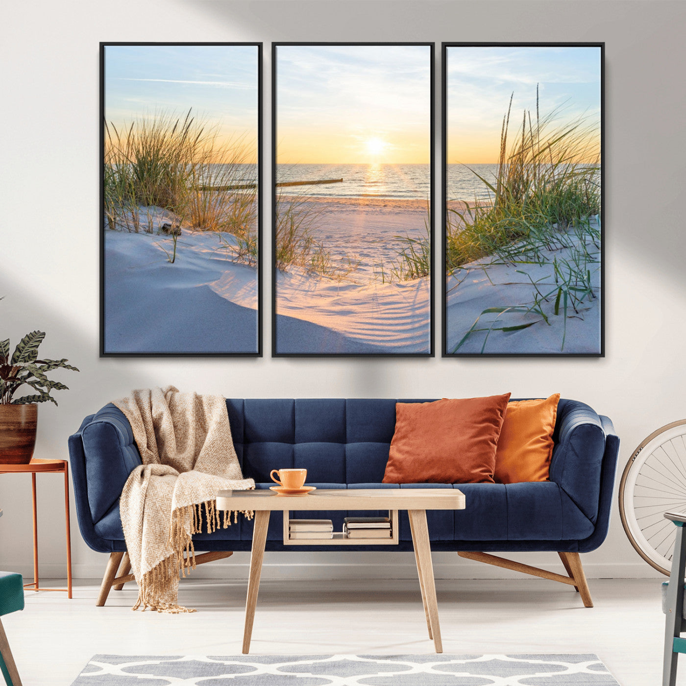 48907-MGV-FC-48X32-3P_Black-Beach Sunset Wall Art – Coastal Sand Dunes and Ocean View Canvas Print, Serene Seaside Landscape Painting for Living Room, Bedroom