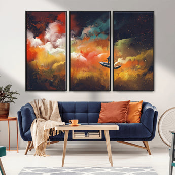 45085-MGV-FC-48X32-3P_Black-Surreal Cosmic Wall Art – Abstract Galaxy Dreamscape Canvas Print with Man and Dog in Boat, Fantasy Nebula Painting for Living