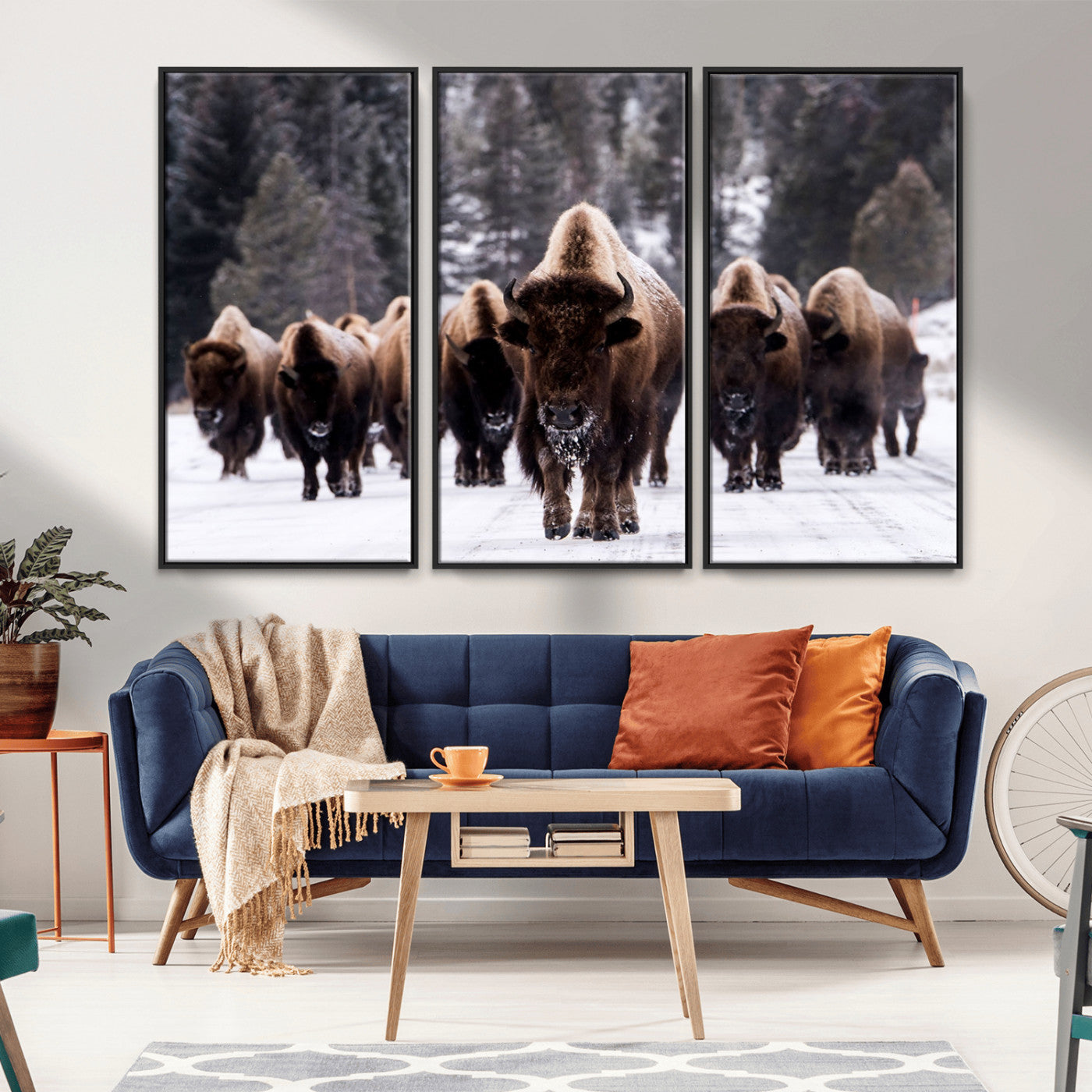 66871-MGV-FC-48X32-3P_Black-Bison Herd Wall Art – Wildlife Buffalo Canvas Print, Rustic Western Nature Photography Decor for Living Room, Office, Cabin, or