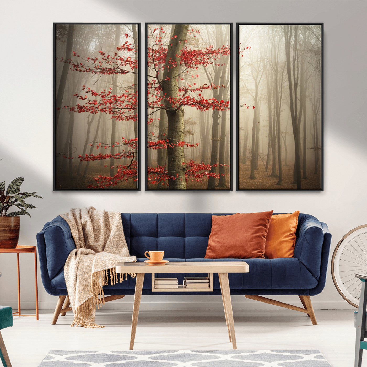 61855-MGV-CV-36X24-Misty Forest Wall Art – Red Tree with Autumn Leaves Canvas Print, Moody Woodland Nature Decor for Living Room, Bedroom, or Office