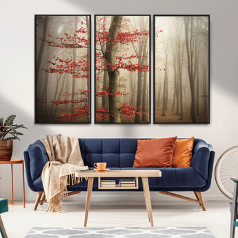 61855-MGV-CV-36X24-Misty Forest Wall Art – Red Tree with Autumn Leaves Canvas Print, Moody Woodland Nature Decor for Living Room, Bedroom, or Office