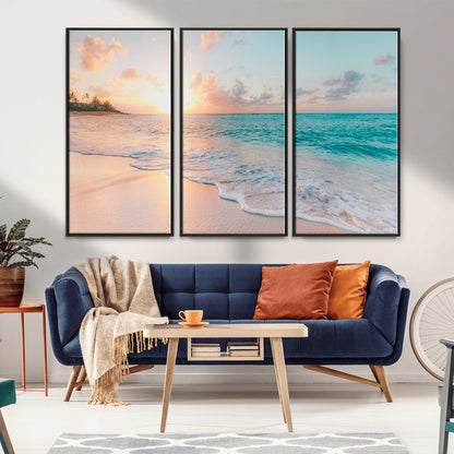 89767-MGV-FC-48X32-3P_Black-Ocean Sunset Wall Art – Serene Beach Canvas Print with Pastel Sky and Waves, Coastal Seascape Artwork for Bedroom, Living Room, or