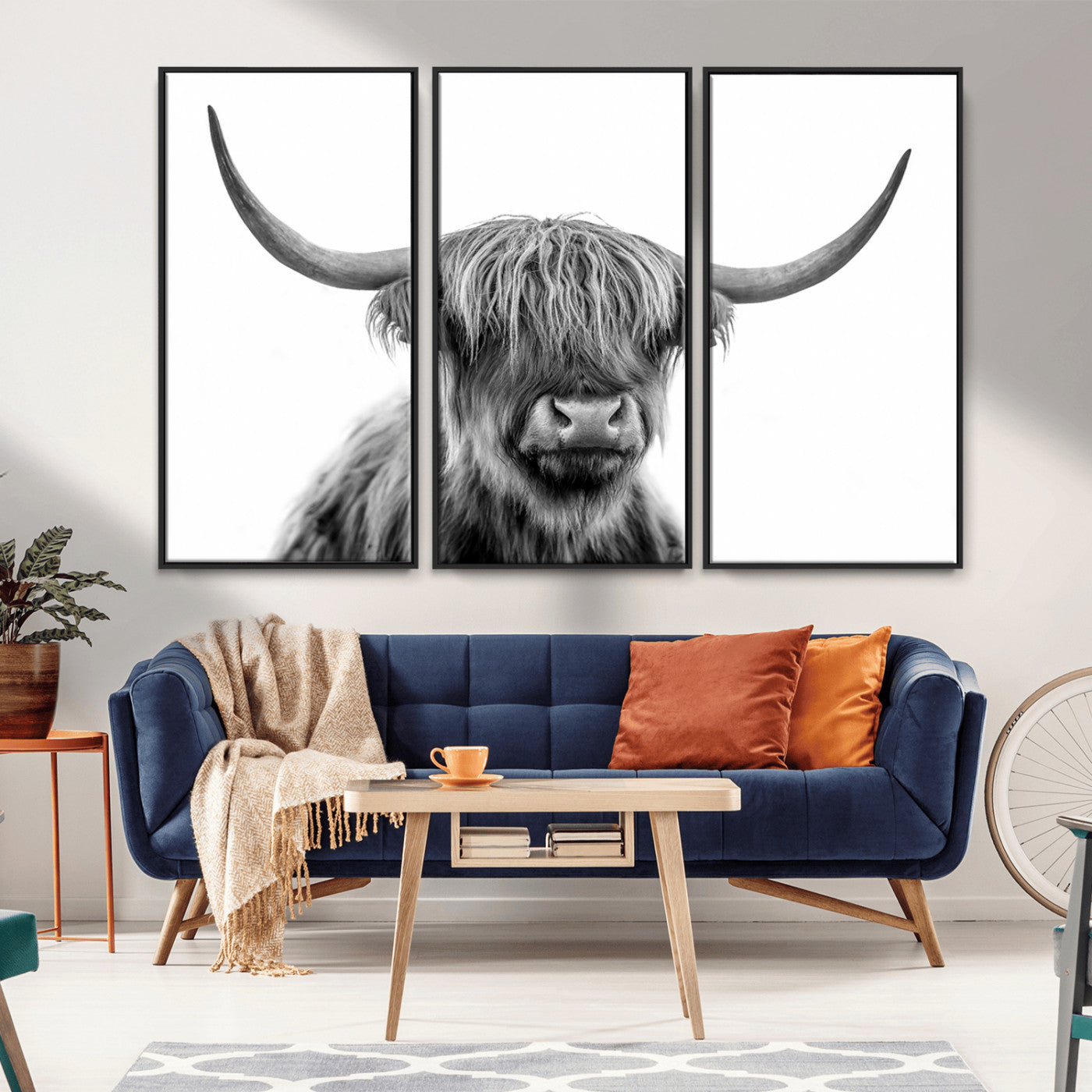 10123-MGV-FC-48X32-3P_Black-Black and White Highland Cow Wall Art – Modern Farmhouse Animal Print, Rustic Scottish Bull Canvas Decor for Living Room, Bedroom,