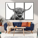 10123-MGV-FC-48X32-3P_Black-Black and White Highland Cow Wall Art – Modern Farmhouse Animal Print, Rustic Scottish Bull Canvas Decor for Living Room, Bedroom,