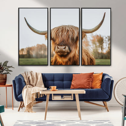 64824-MGV-FC-48X32-3P_Black-Highland Cow Wall Art – Rustic Scottish Bull Canvas Print, Farmhouse Animal Decor for Living Room, Bedroom, Office or Cabin