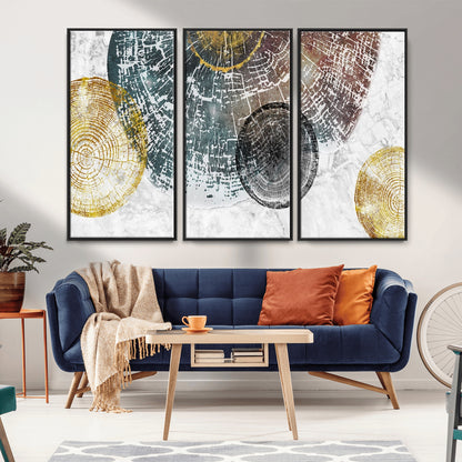 70653-MGV-CV-36X24-Abstract Tree Ring Wall Art – Modern Rustic Wood Slice Canvas Print with Gold Accents, Contemporary Nature Decor for Living Room,