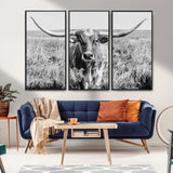 77320-MGV-FC-48X32-3P_Black-Texas Longhorn Wall Art – Black and White Western Cattle Canvas Print, Rustic Farmhouse Animal Photography Decor for Living Room,