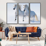 80145-MGV-FC-48X32-3P_Black-White Horses Running Snow Wall Art – Majestic Equine Canvas Print, Winter Nature Photography Decor for Living Room, Office,