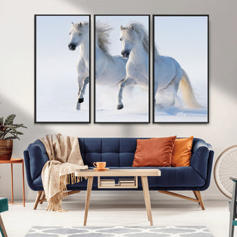 80145-MGV-FC-48X32-3P_Black-White Horses Running Snow Wall Art – Majestic Equine Canvas Print, Winter Nature Photography Decor for Living Room, Office,