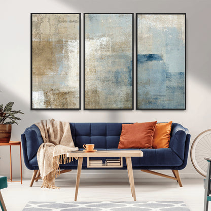 38126-MGV-FC-48X32-3P_Black-Neutral Abstract Wall Art – Modern Beige and Blue Canvas Print and Minimalist Textured Painting for Living Room, Bedroom or Office