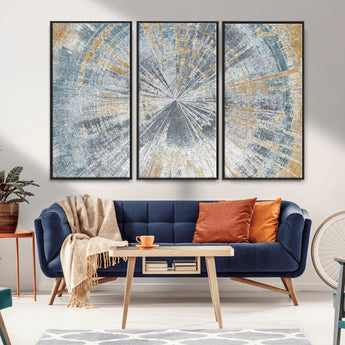 17631-MGV-FC-48X32-3P_Black-Radiant Burst Wall Art – Abstract Sunburst Canvas Print in Blue and Gold, Modern Geometric Painting for Living Room, Office or