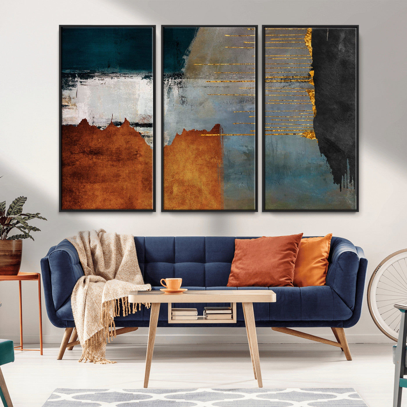 35026-MGV-FC-48X32-3P_Black-Abstract Canvas Wall Art – Modern Teal, Rust, Black and Gold Textured Painting, Contemporary Decor for Living Room, Bedroom