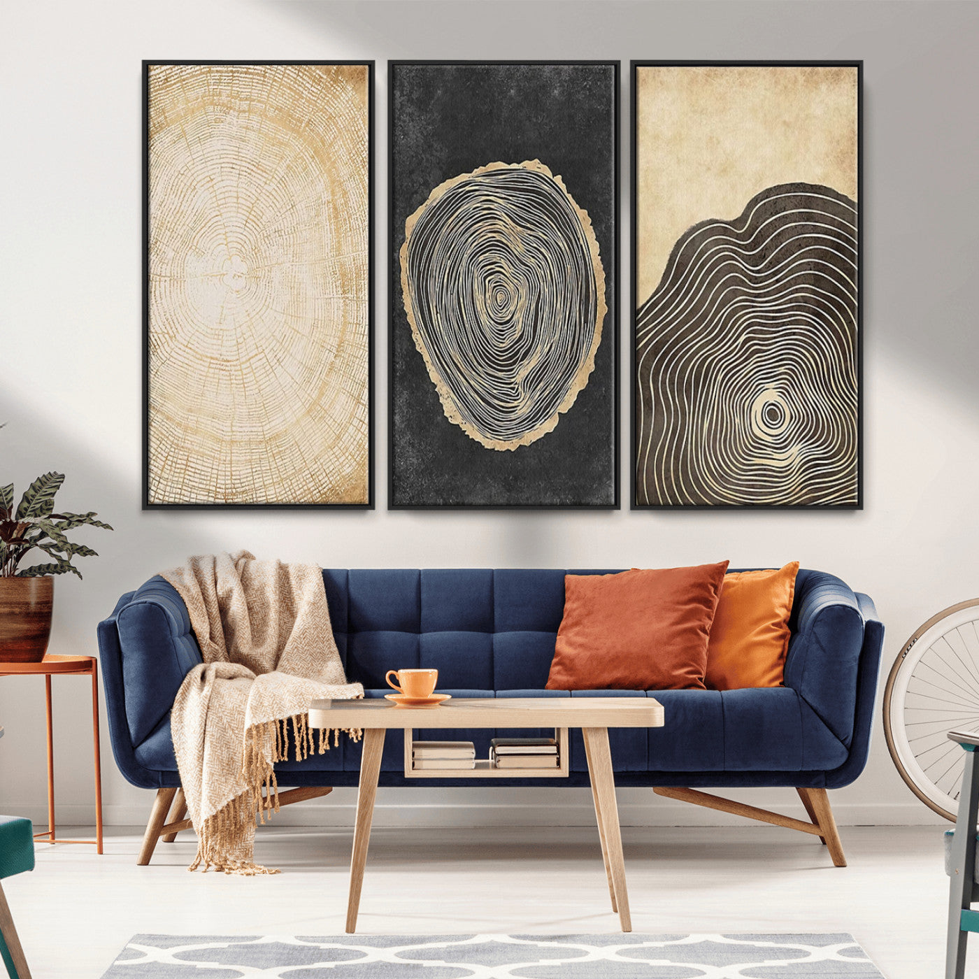 77785-MGV-FC-48X32-3P_Black-Tree Ring Abstract Wall Art – Rustic Wood Growth Pattern Canvas Prints, Modern Nature-Inspired Decor for Living Room or Office