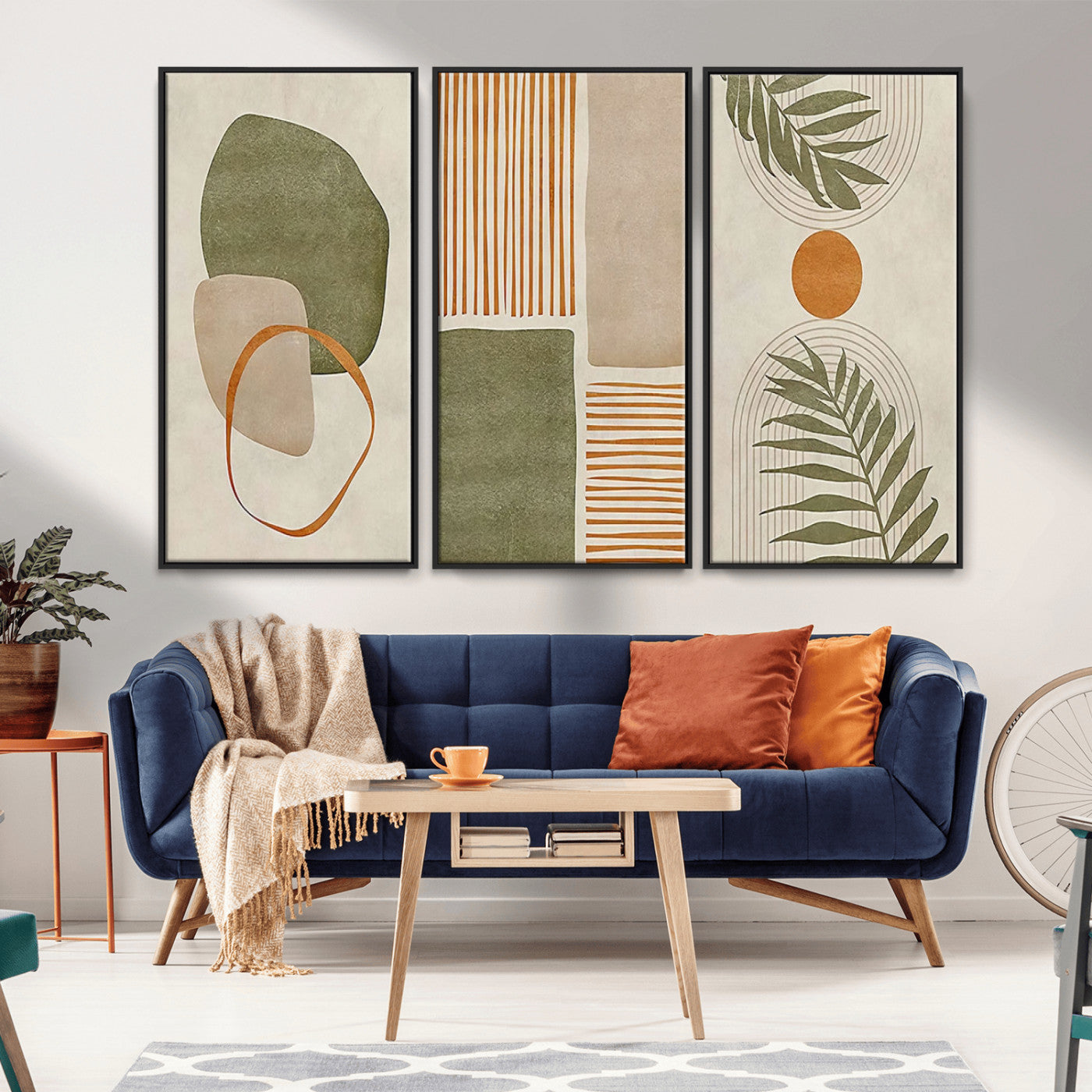 96002-MGV-CV-36X24-Abstract Geometric Wall Art – Modern Canvas Print with Green, Orange & Beige Shapes, Minimalist Home Decor for Living Room, Office