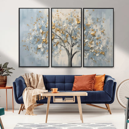 65811-MGV-FC-48X32-3P_Black-Abstract Tree Wall Art – Textured Canvas Painting with Gold and White Leaves, Modern Nature Inspired Decor for Living Room or