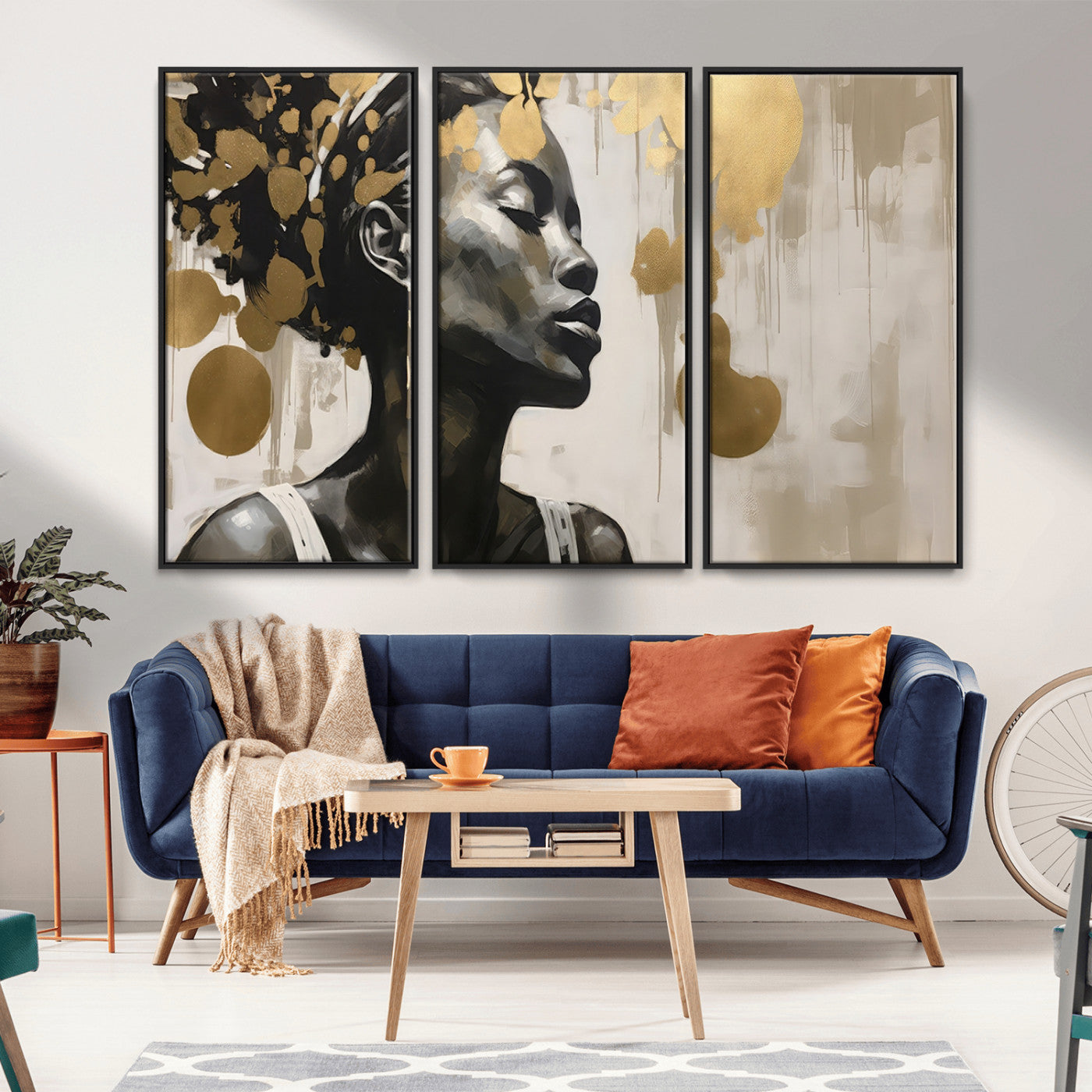 65669-MGV-FC-48X32-3P_Black-Elegant Black Woman Wall Art – Modern Abstract Portrait Canvas with Gold Accents, Contemporary Afrocentric Decor for Living Room