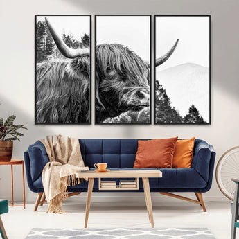 61570-MGV-CV-36X24-Highland Cow Wall Art – Black and White Scottish Bull Canvas Print, Rustic Farmhouse Animal Decor for Living Room, Bedroom, or