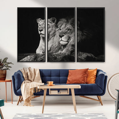 80013-MGV-CV-36X24-Lion and Lioness Wall Art – Black and White Wildlife Photography Canvas Print, African Safari Animal Decor for Office, Bedroom, or